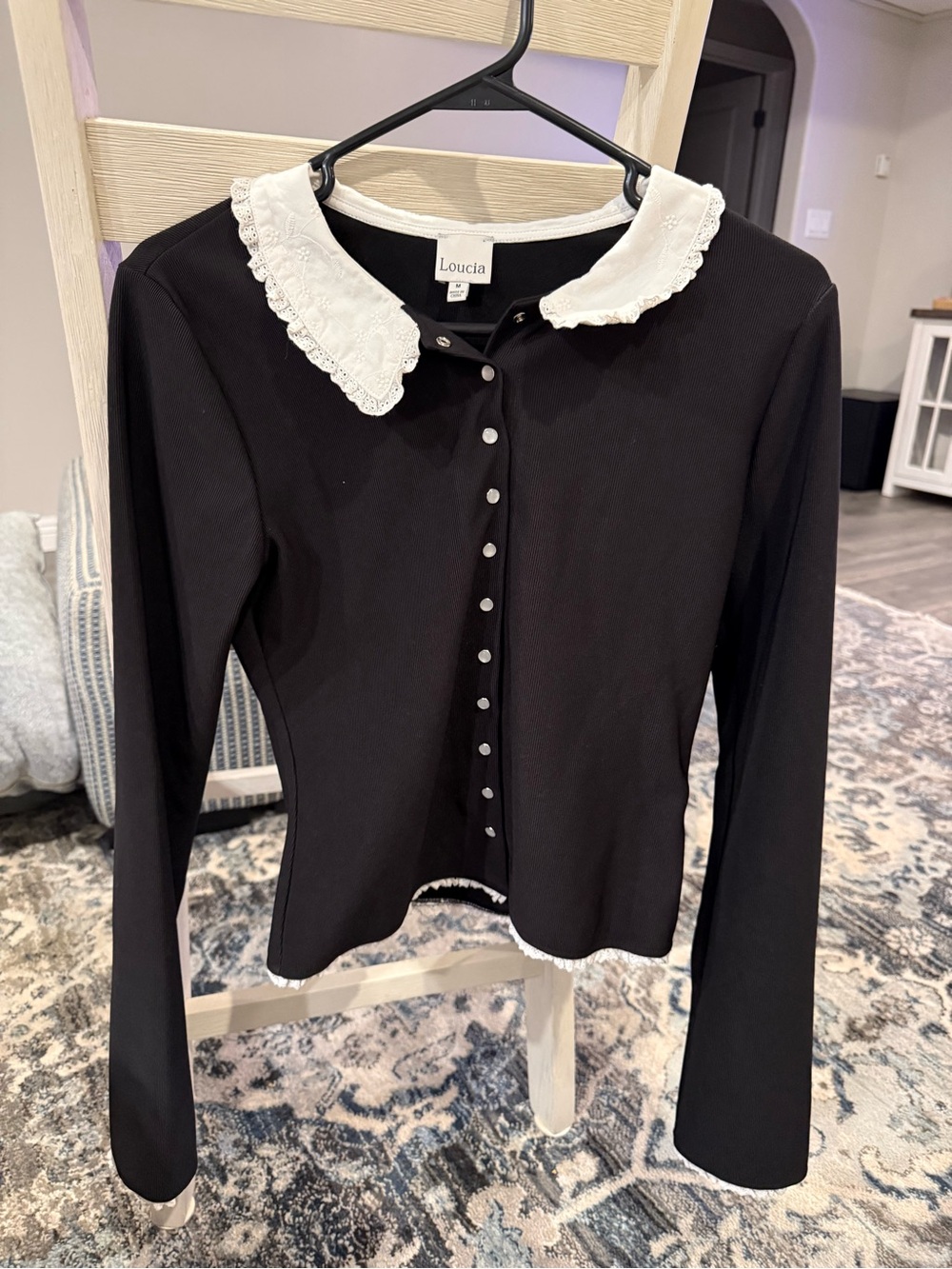 Black Button-Down Top with White Lace Collar